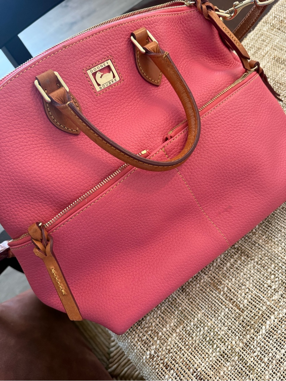 Dooney & Bourke Coral Pebble Leather Satchel with Tan Trim